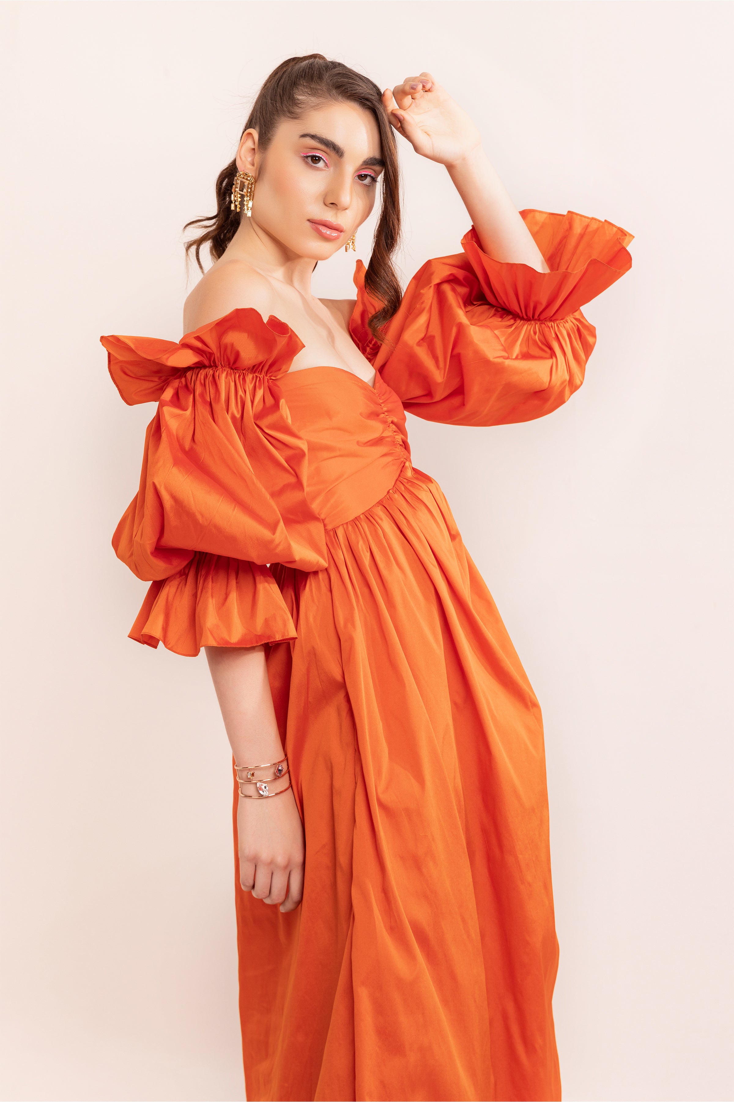 Autumn sunset off shoulder maxi dress