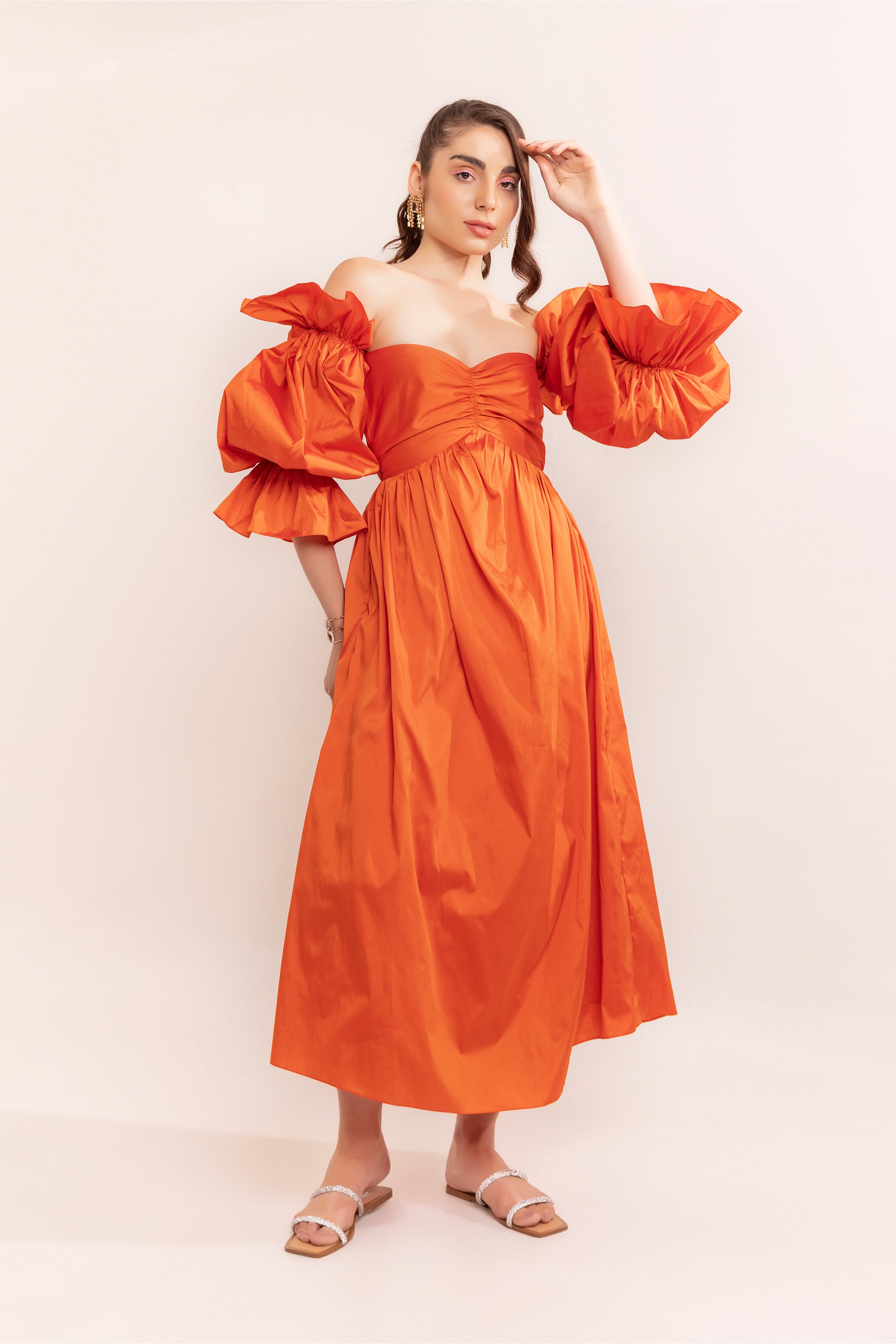 Autumn sunset off shoulder maxi dress