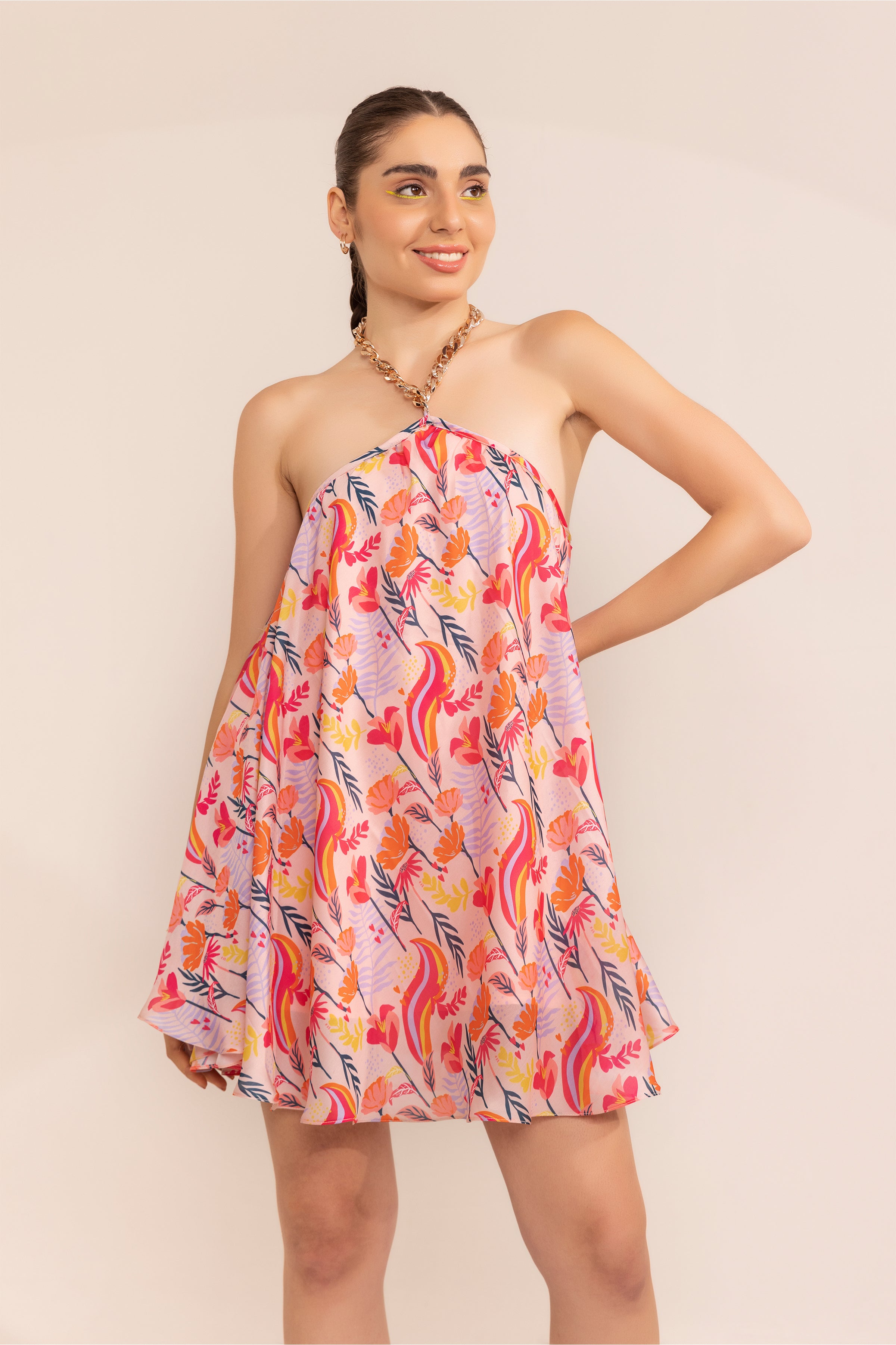 Blushing pink halter neck short dress