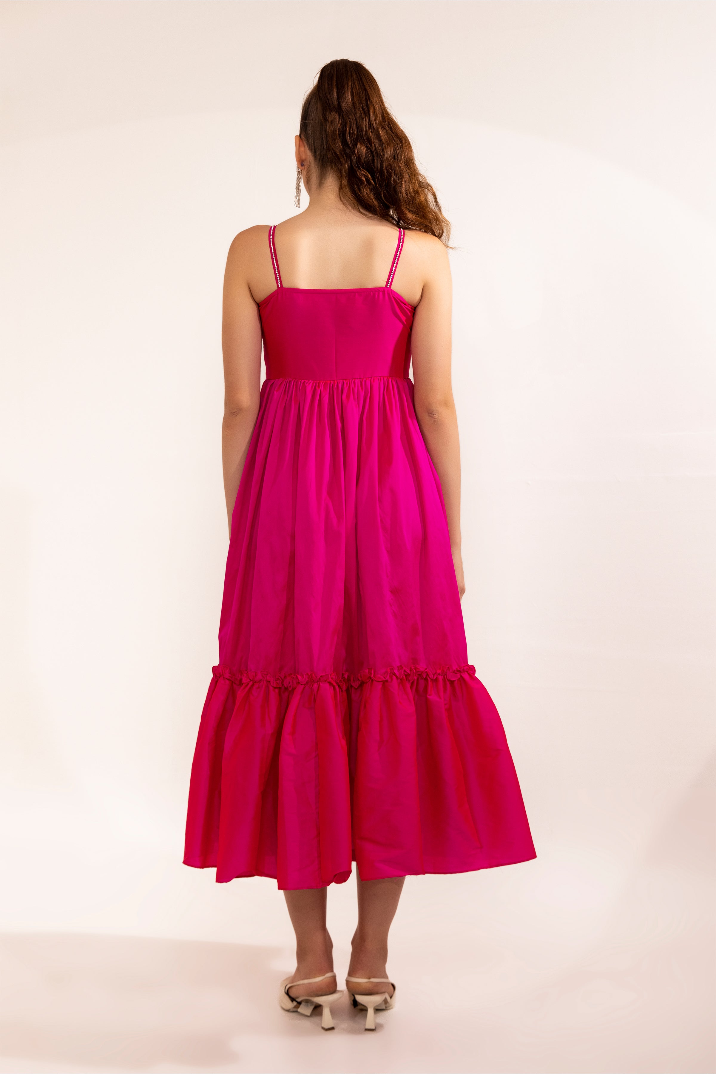 Fuschia Pink with rhinestone bow flared maxi dress