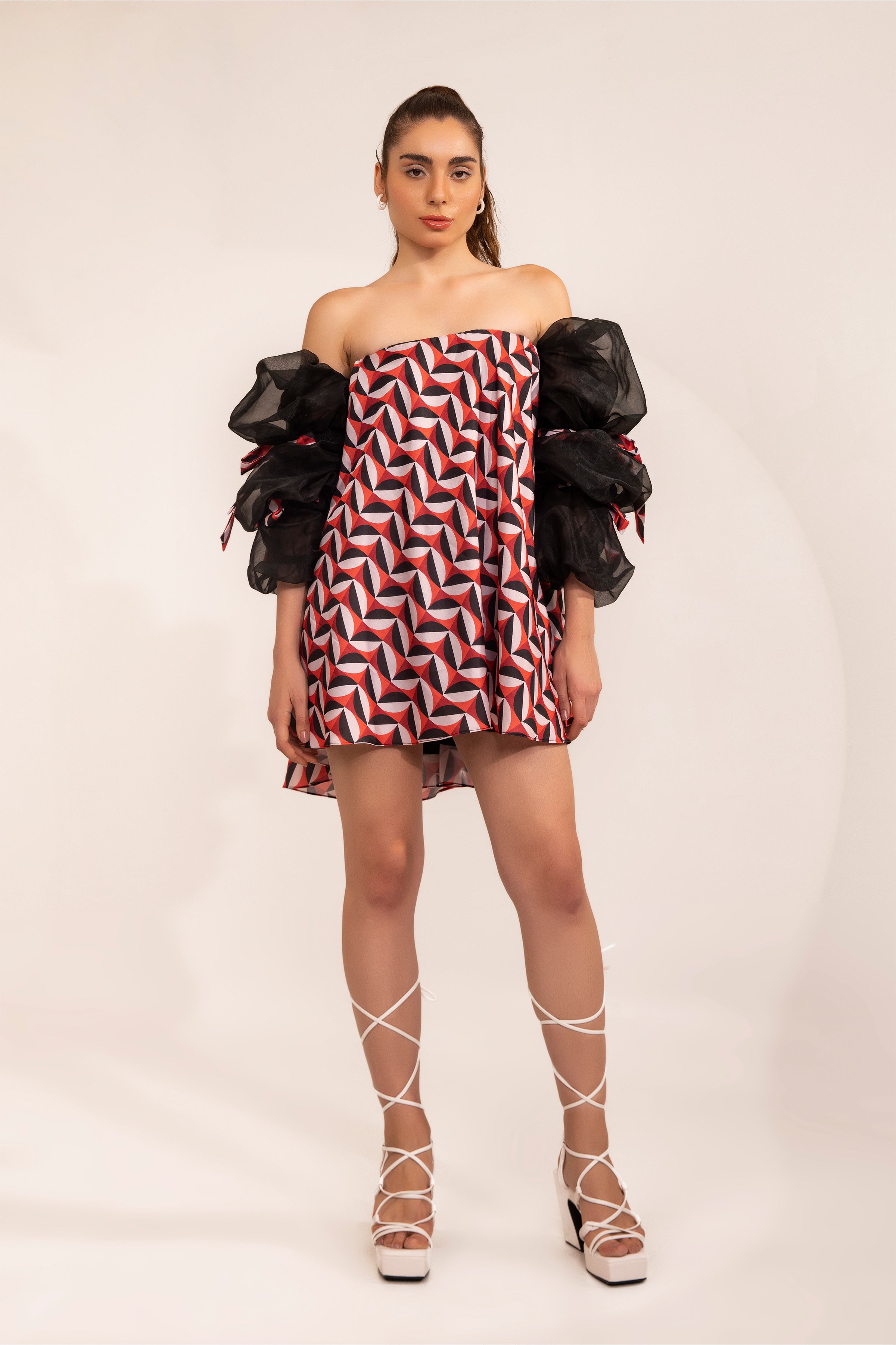 Black & red geometric print off shoulder mini dress