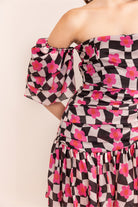 Pink Checkered Lemonade Printed Off Shoulder Short Dress