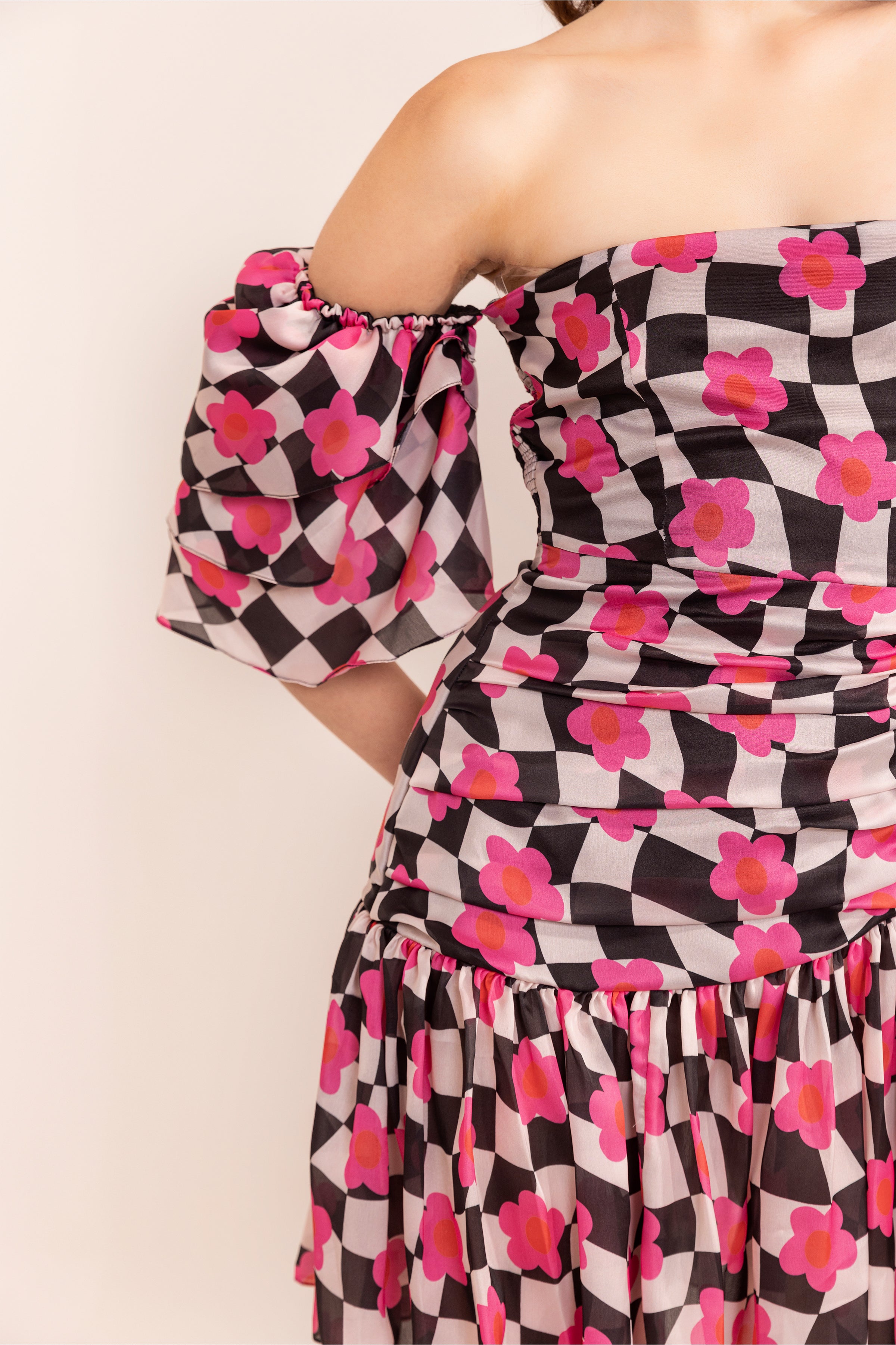 Pink Checkered Lemonade Printed Off Shoulder Short Dress