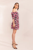 Pink Checkered Lemonade Printed Off Shoulder Short Dress
