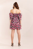 Pink Checkered Lemonade Printed Off Shoulder Short Dress