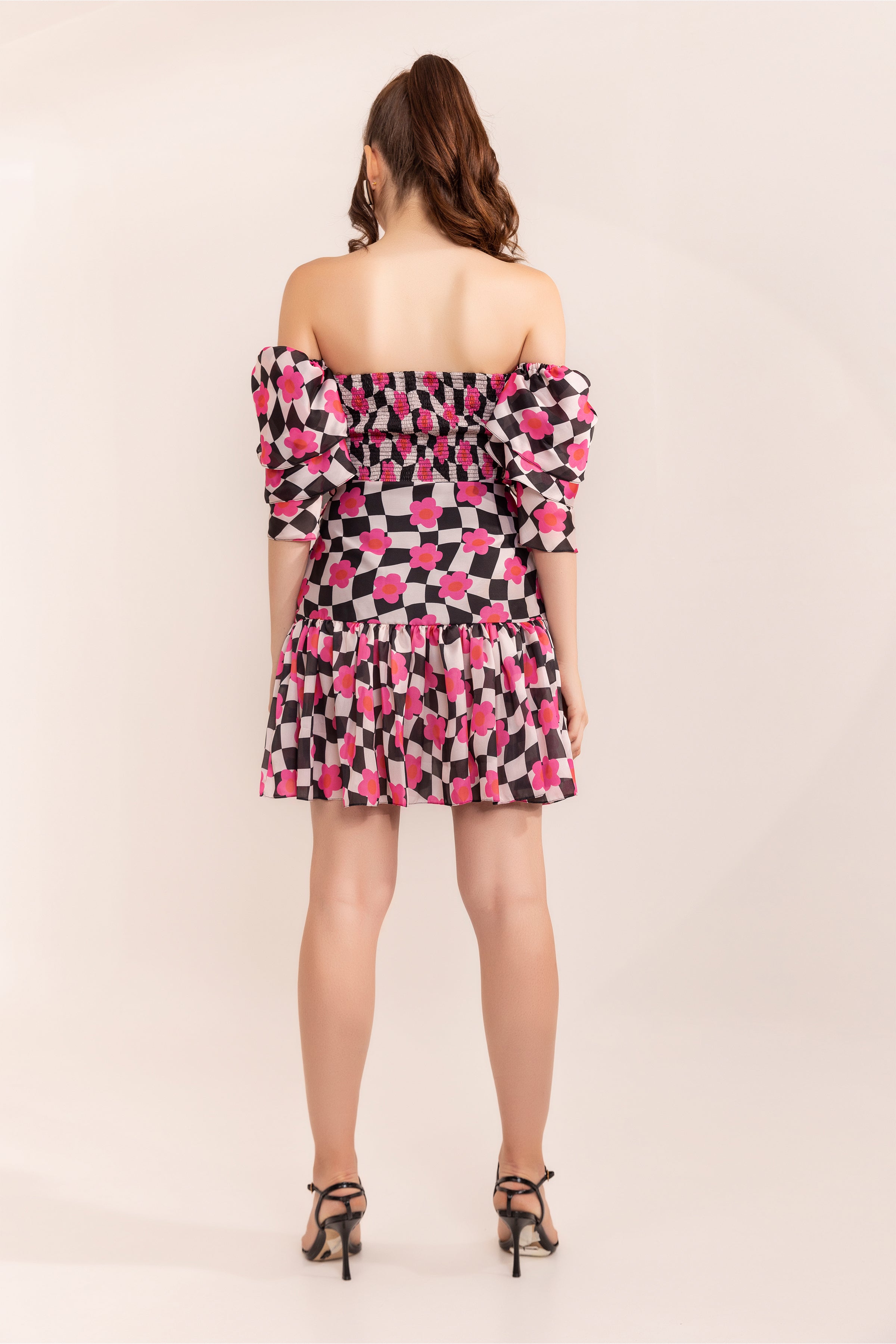 Pink Checkered Lemonade Printed Off Shoulder Short Dress