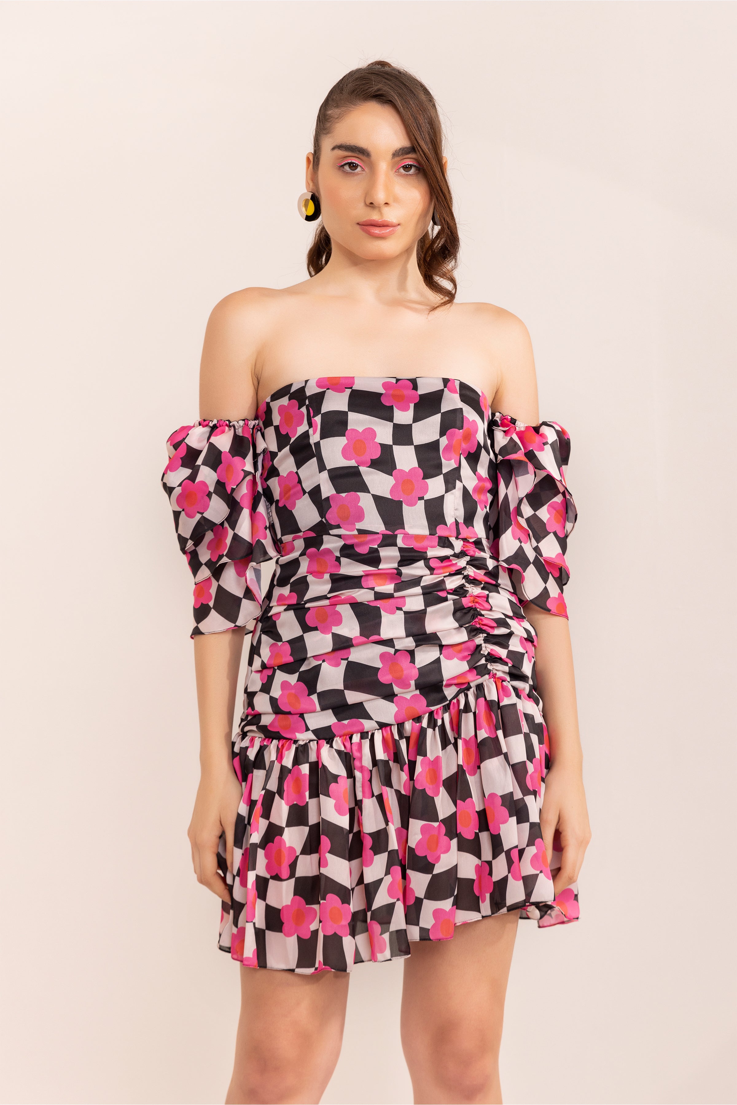Pink Checkered Lemonade Printed Off Shoulder Short Dress