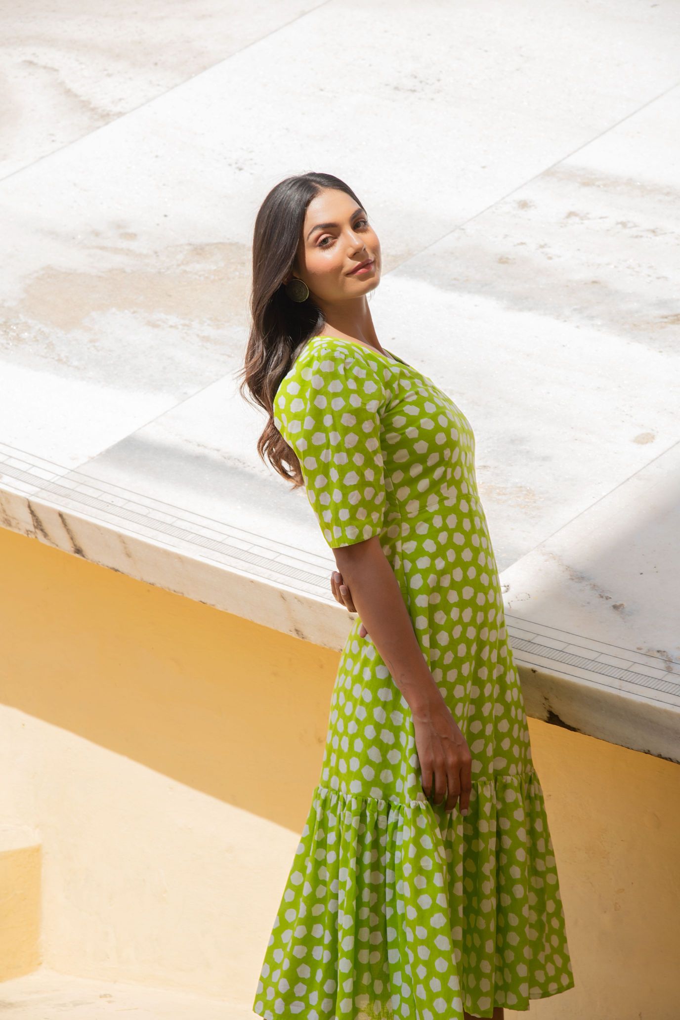 Lime Green Polka Shoulder Gathered Sleeve Dress