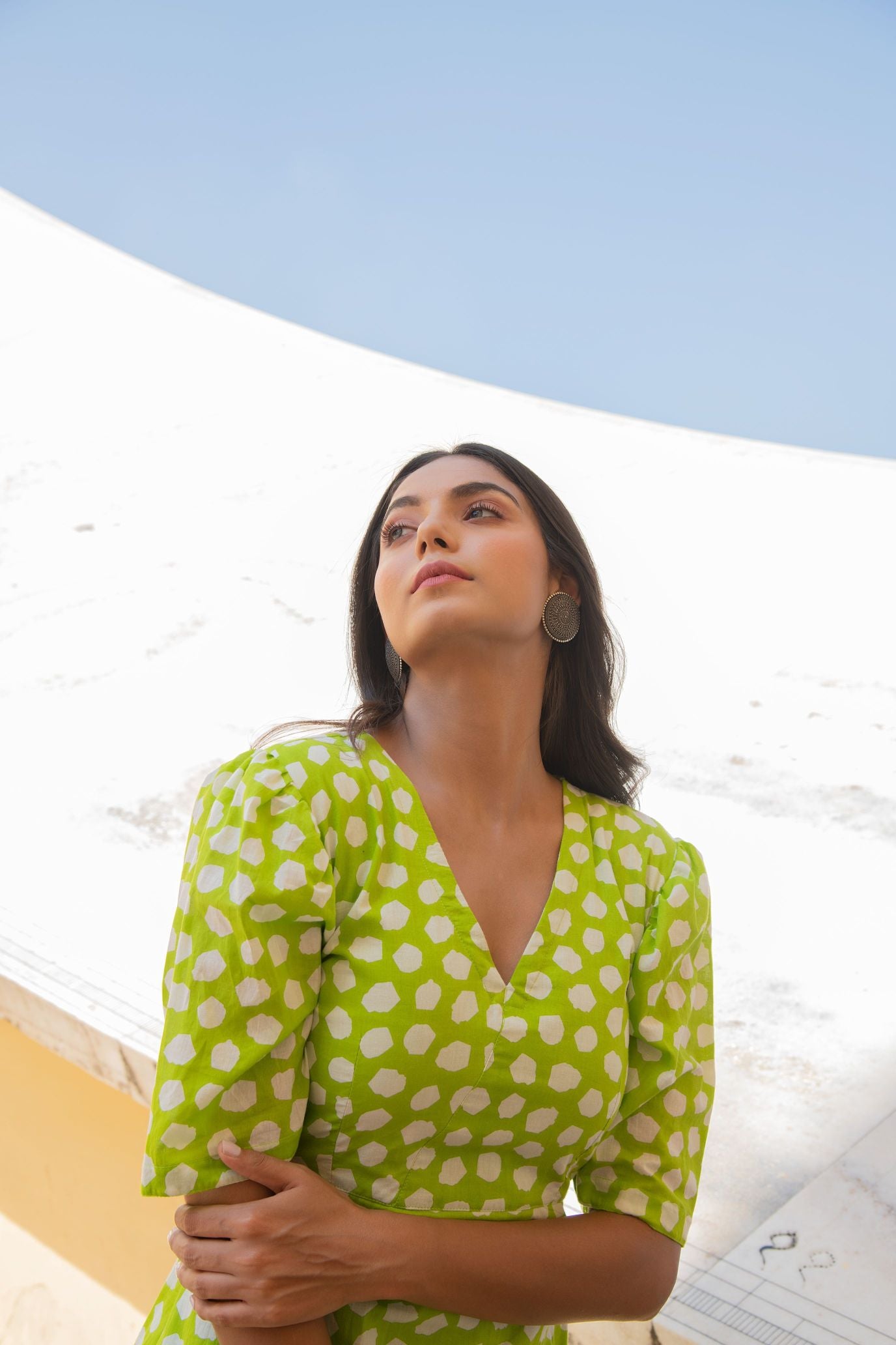 Lime Green Polka Shoulder Gathered Sleeve Dress