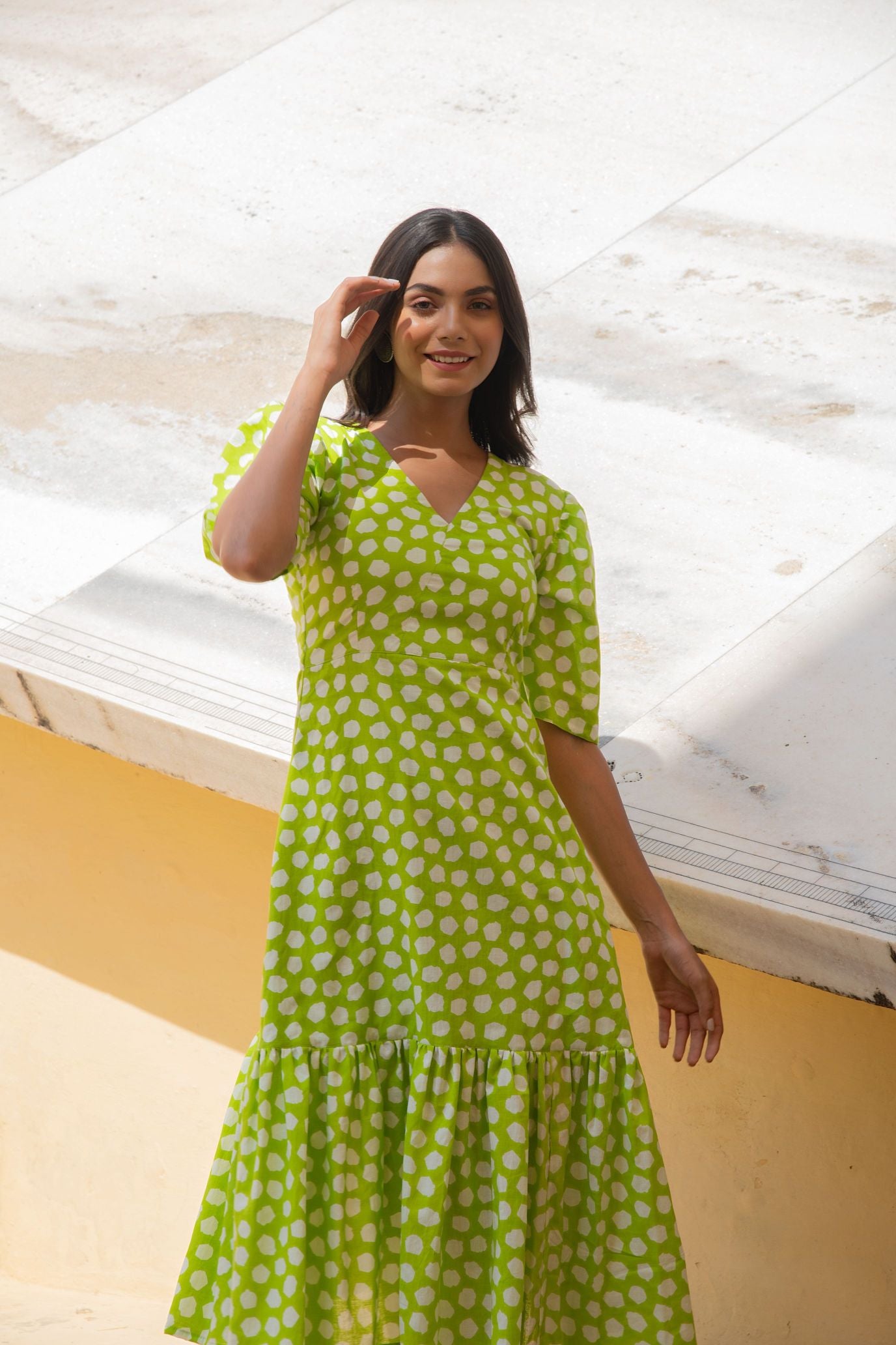Lime Green Polka Shoulder Gathered Sleeve Dress