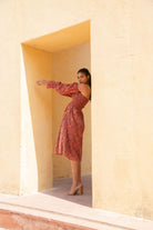 Burnt Orange Ajrak Print Off- Shoulder Smoke Dress