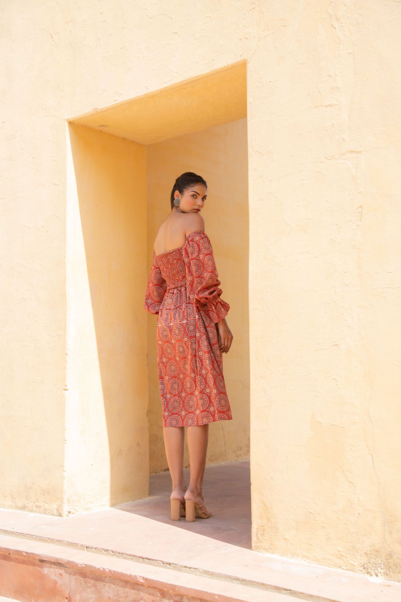 Burnt Orange Ajrak Print Off- Shoulder Smoke Dress