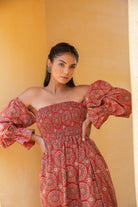 Burnt Orange Ajrak Print Off- Shoulder Smoke Dress