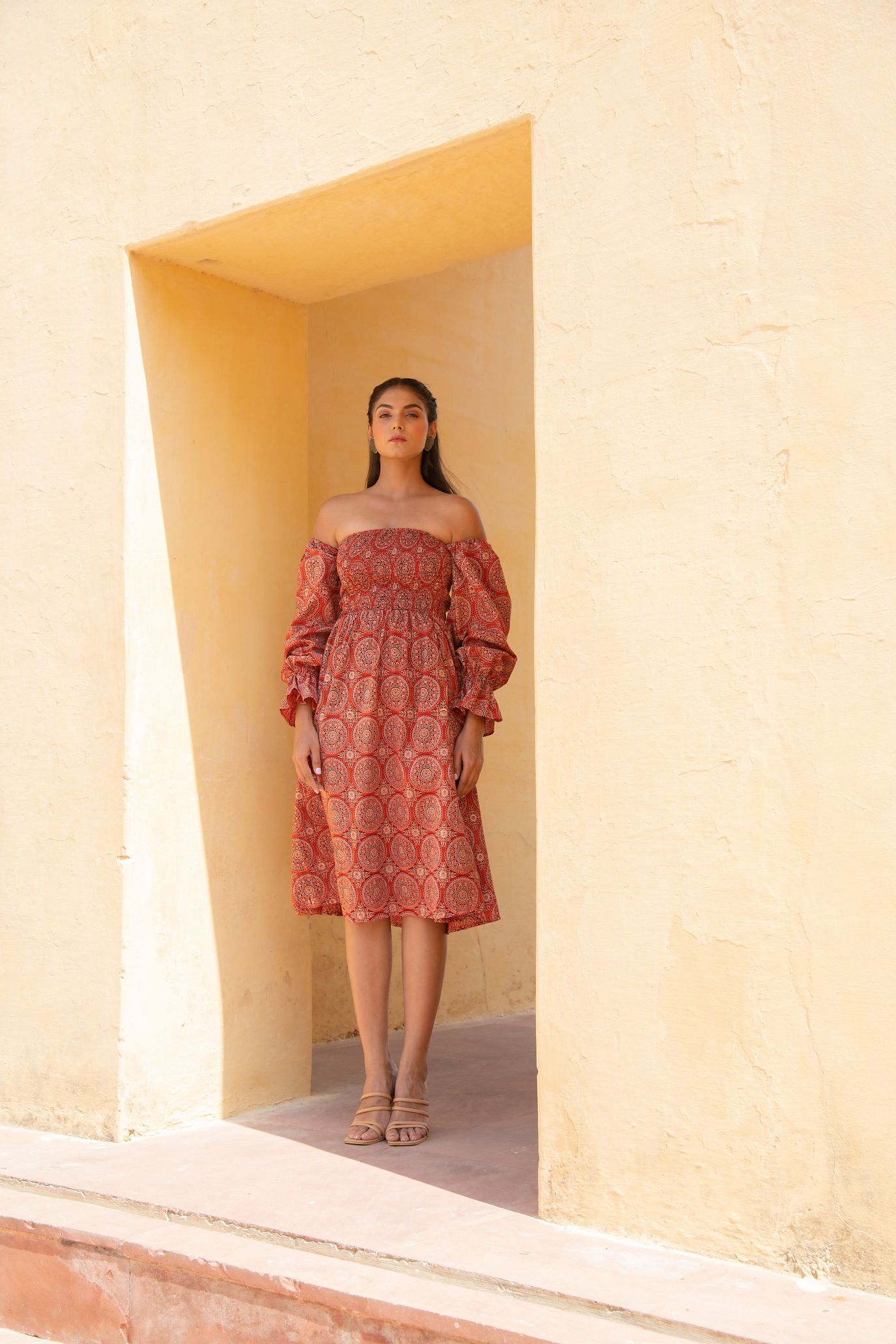 Burnt Orange Ajrak Print Off- Shoulder Smoke Dress