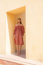 Burnt Orange Ajrak Print Off- Shoulder Smoke Dress