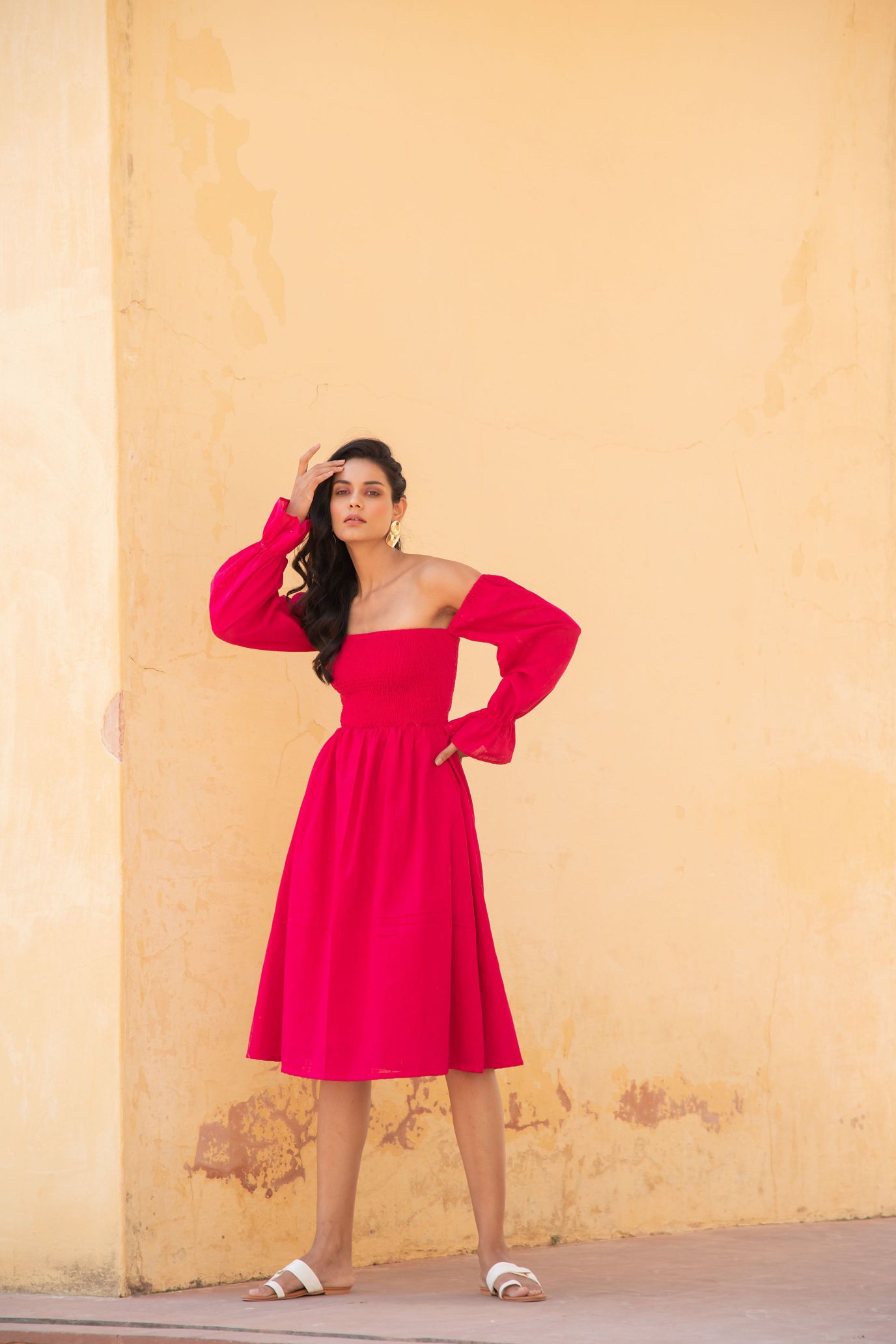 Hot Pink Off Shoulder Smoke Dress