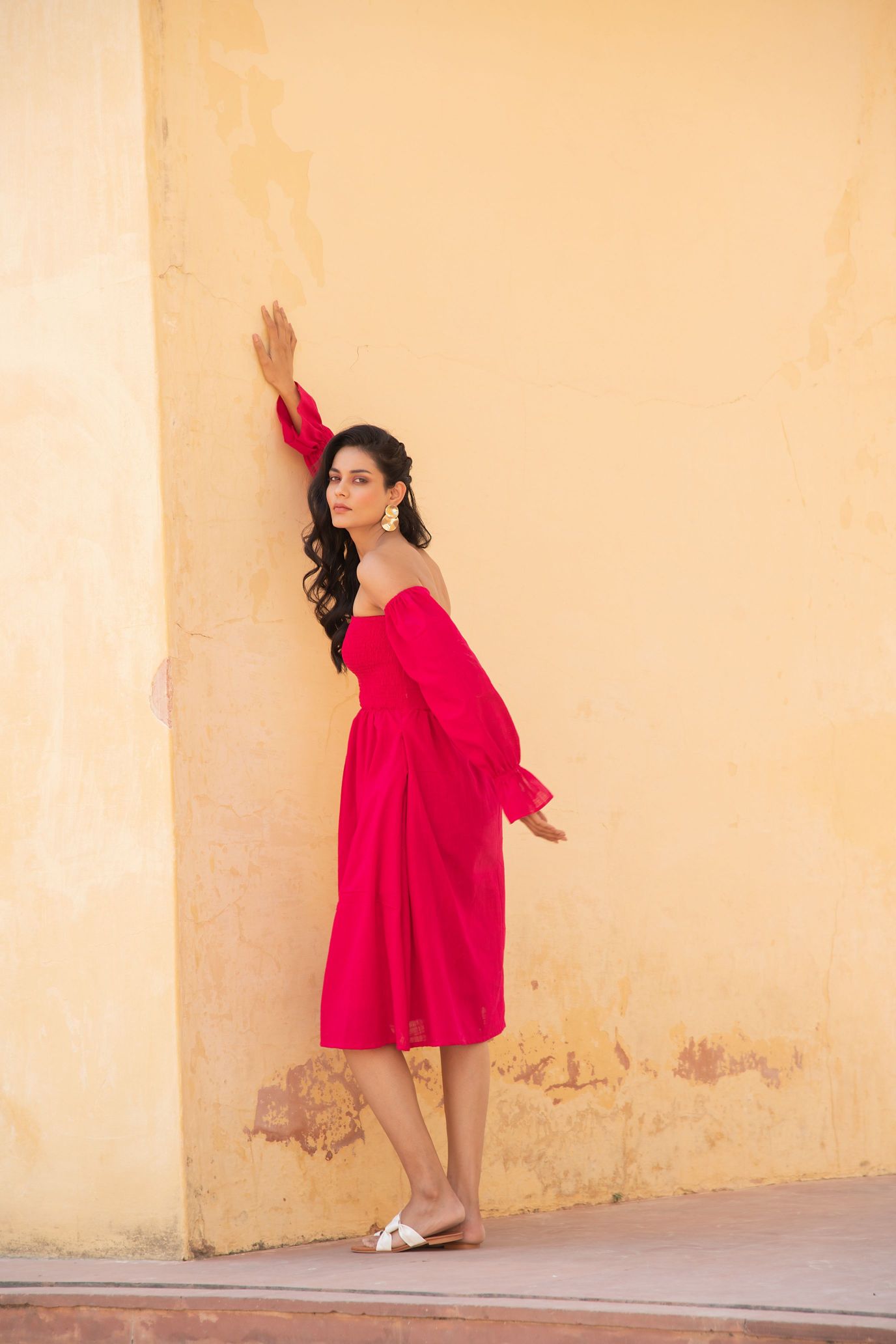 Hot Pink Off Shoulder Smoke Dress