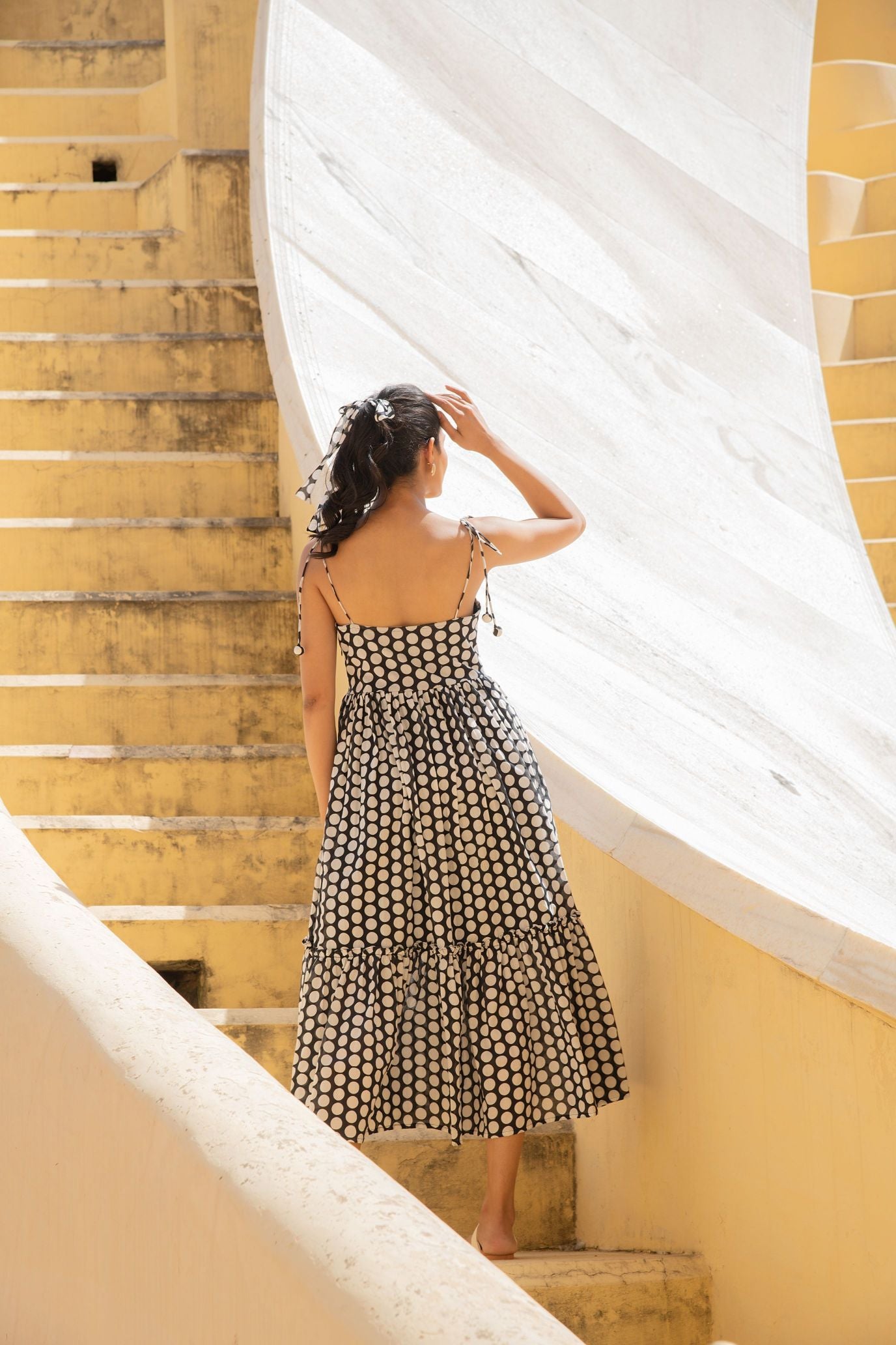 Polka Dot Shoulder Tie Up Flowy Dress
