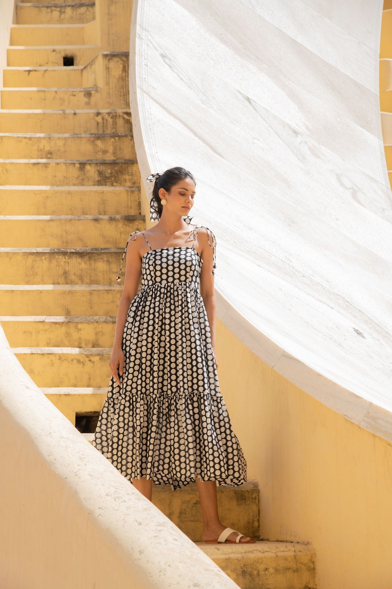Polka Dot Shoulder Tie Up Flowy Dress