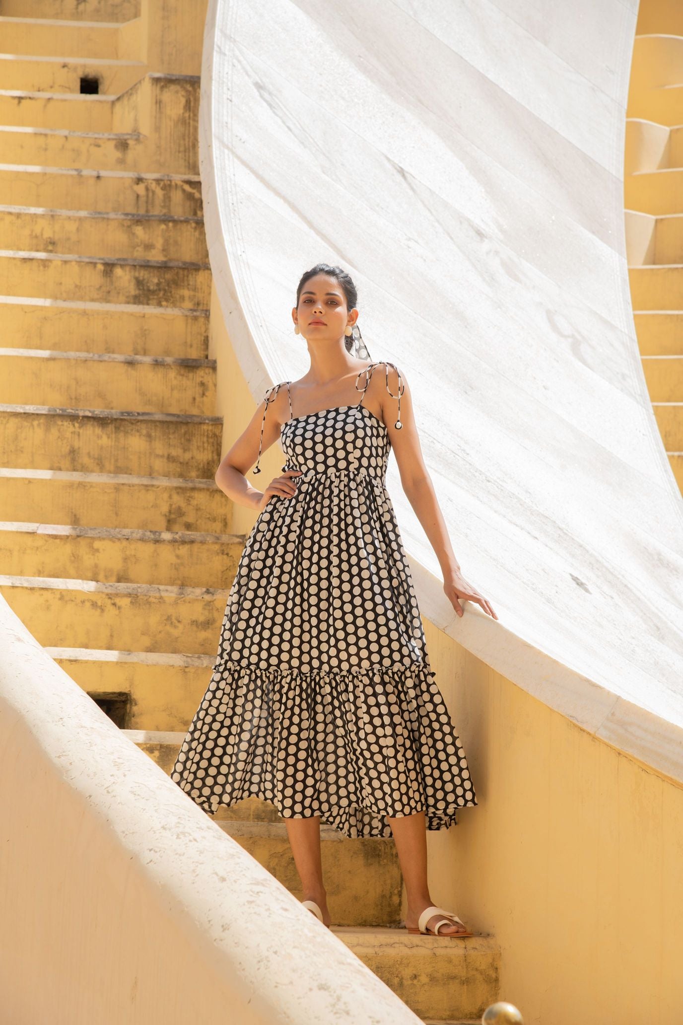 Polka Dot Shoulder Tie Up Flowy Dress