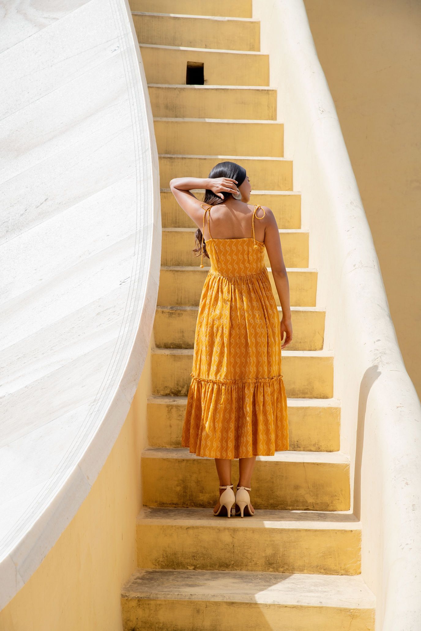 Signal Yellow Shoulder Tie Up Flared Dress