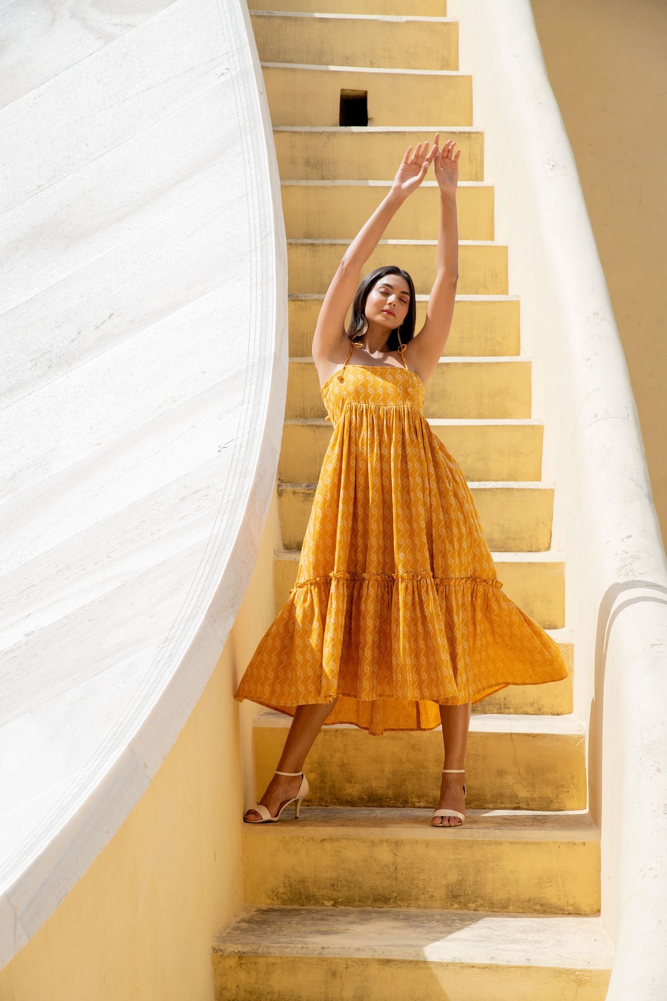 Signal Yellow Shoulder Tie Up Flared Dress