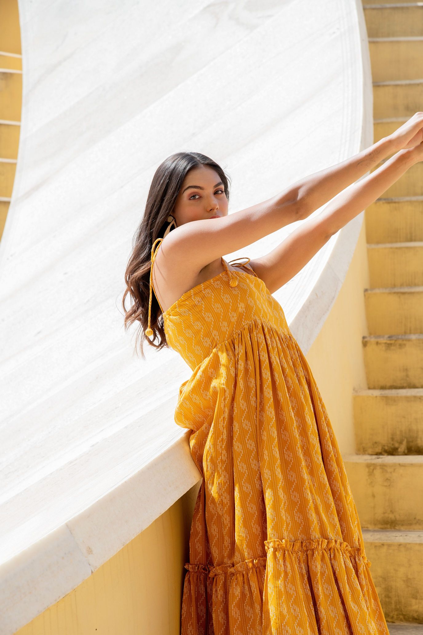 Signal Yellow Shoulder Tie Up Flared Dress