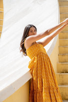 Signal Yellow Shoulder Tie Up Flared Dress