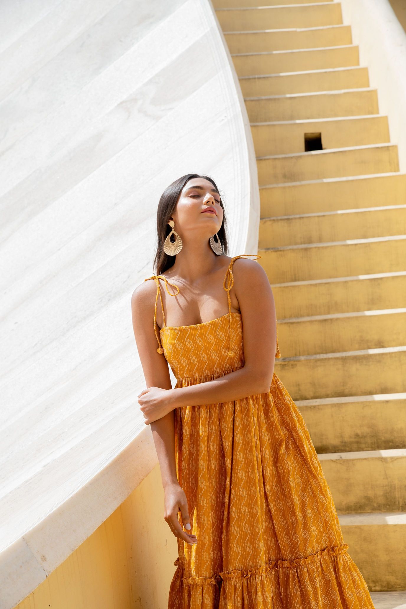 Signal Yellow Shoulder Tie Up Flared Dress