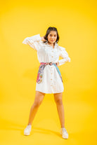 White cotton shirt ruffled drama sleeves dress with detachable printed skirt