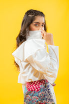 White cotton shirt ruffled drama sleeves dress with detachable printed skirt