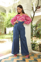 PRINTED PINK YARROW RUFFLED OFF SHOULDER DENIM JUMPSUIT