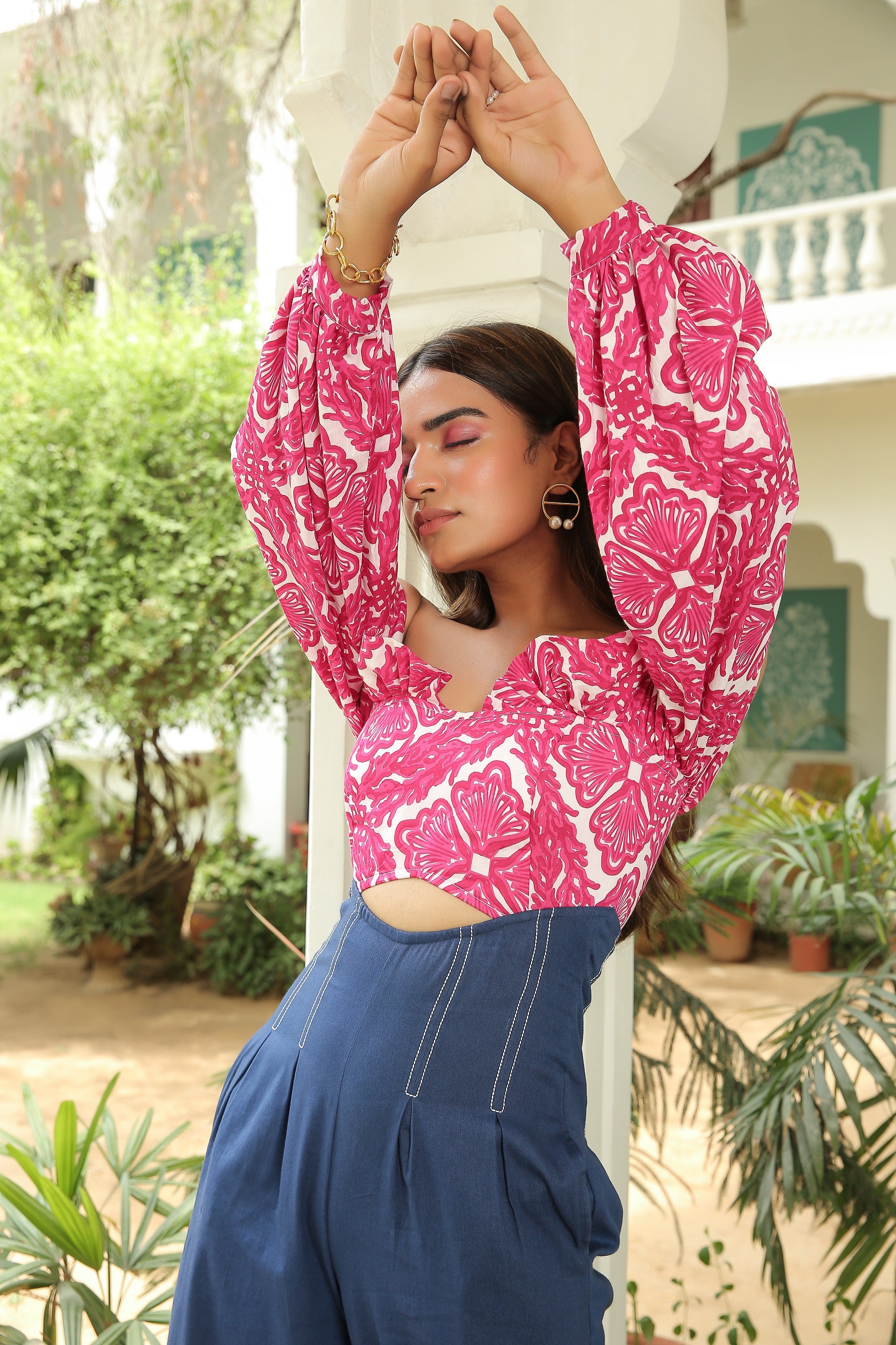 PRINTED PINK YARROW RUFFLED OFF SHOULDER DENIM JUMPSUIT