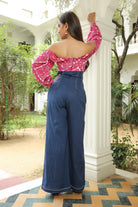 PRINTED PINK YARROW RUFFLED OFF SHOULDER DENIM JUMPSUIT