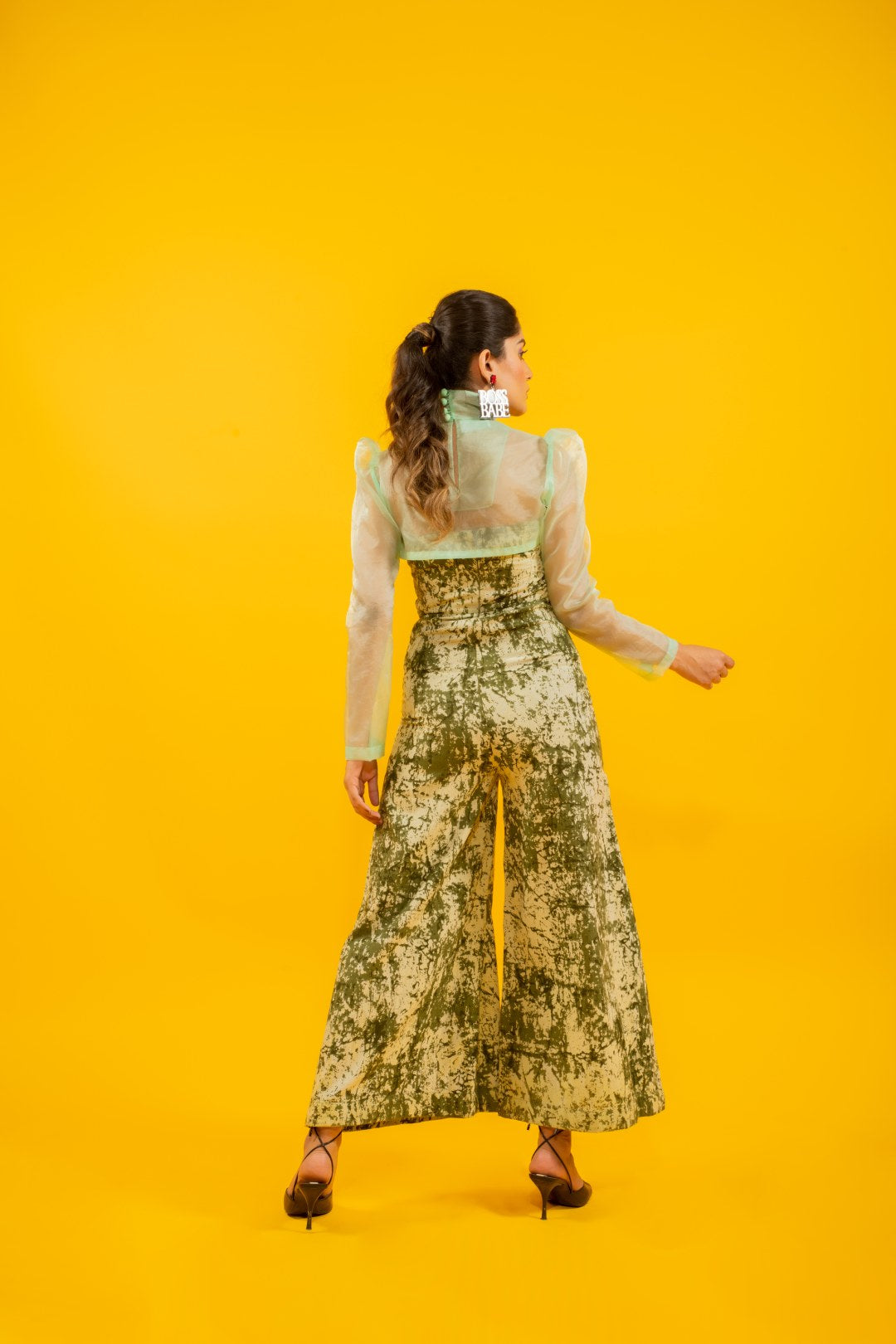 Printed tube jumpsuit with short organza shirt