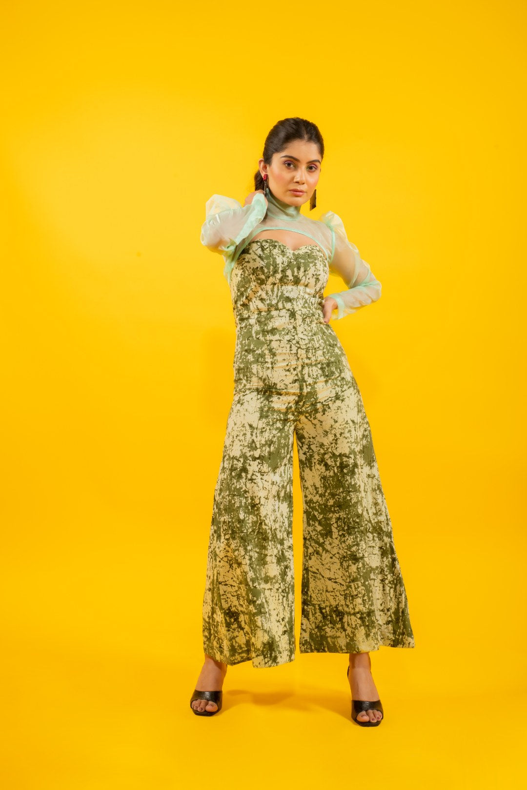 Printed tube jumpsuit with short organza shirt