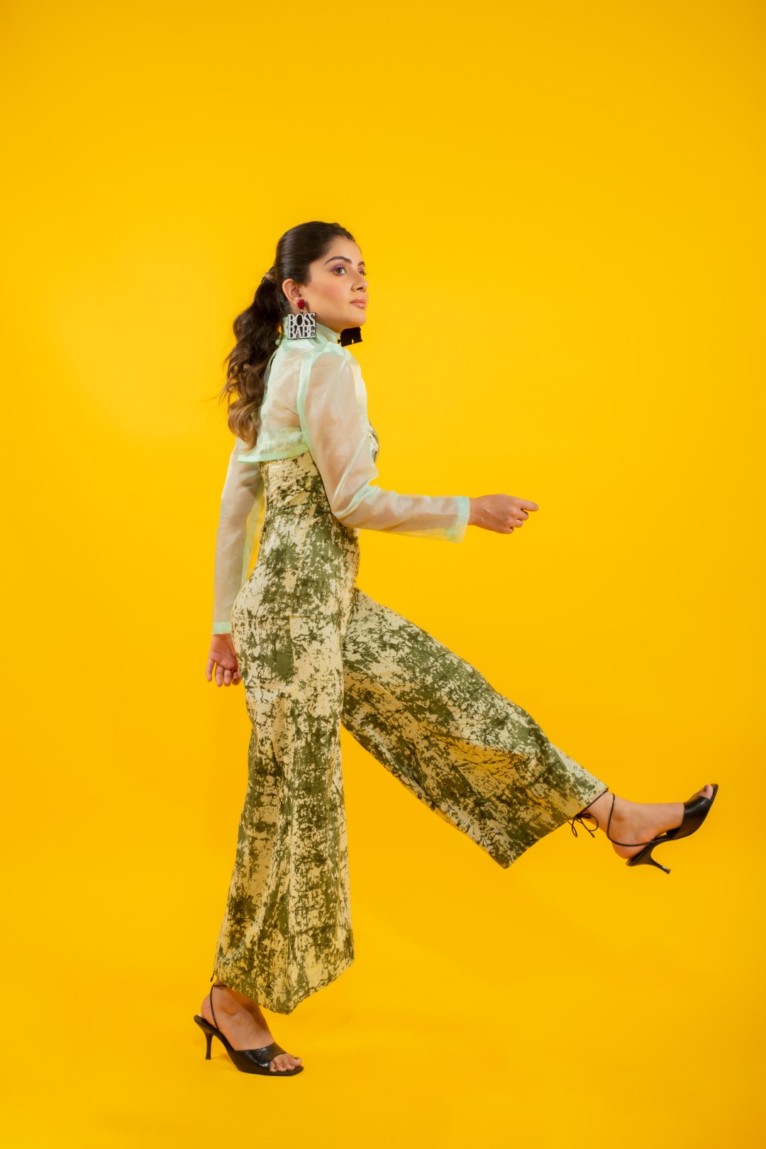 Printed tube jumpsuit with short organza shirt
