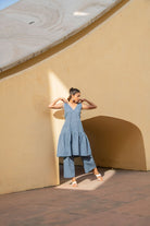 Geometric Print Kantha Blue Opal Shoulder And Back Tie Up Kurta With Short Pants