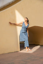 Geometric Print Kantha Blue Opal Shoulder And Back Tie Up Kurta With Short Pants