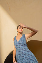 Geometric Print Kantha Blue Opal Shoulder And Back Tie Up Kurta With Short Pants