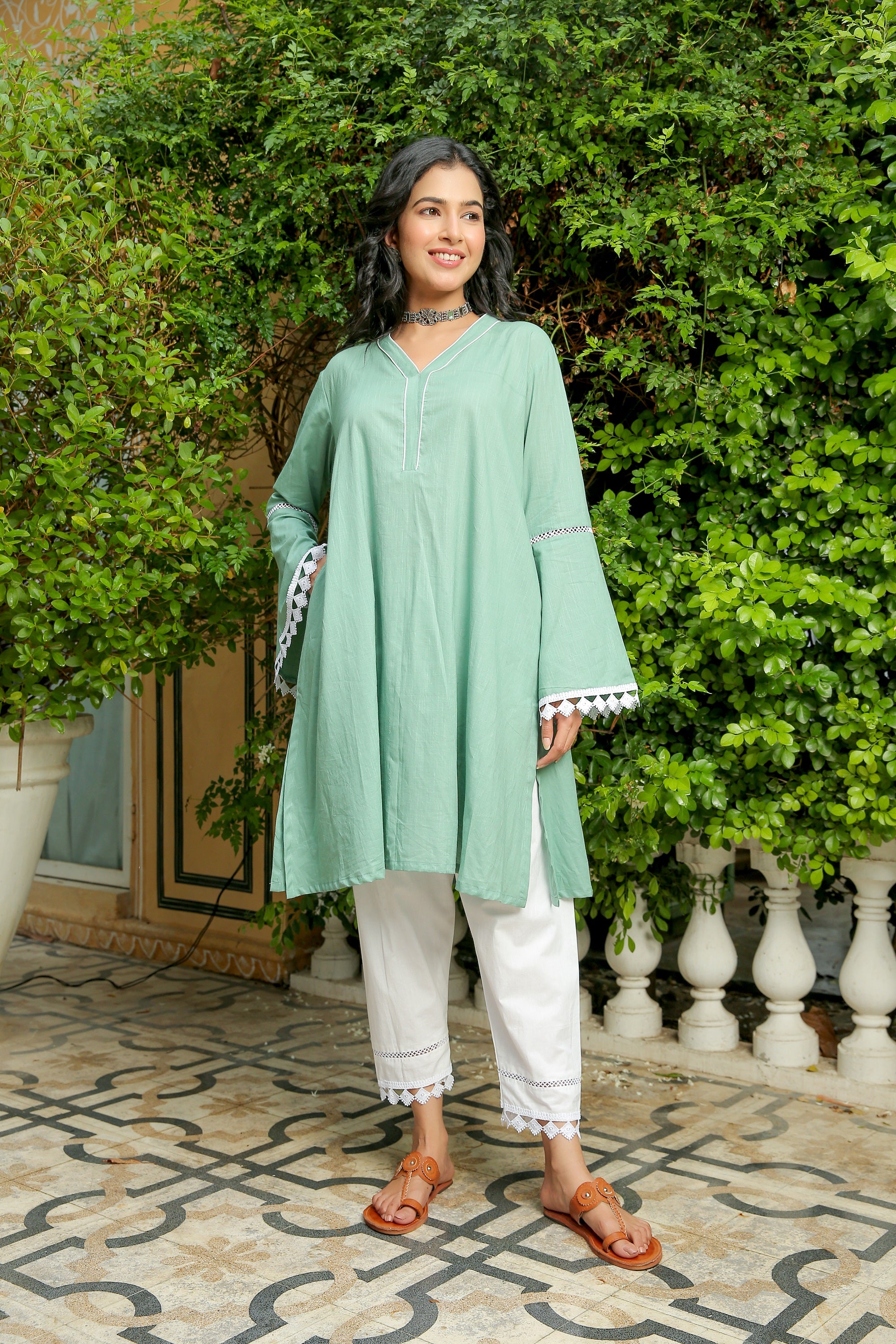 GREEN ASH KURTA WITH WHITE PANT SET