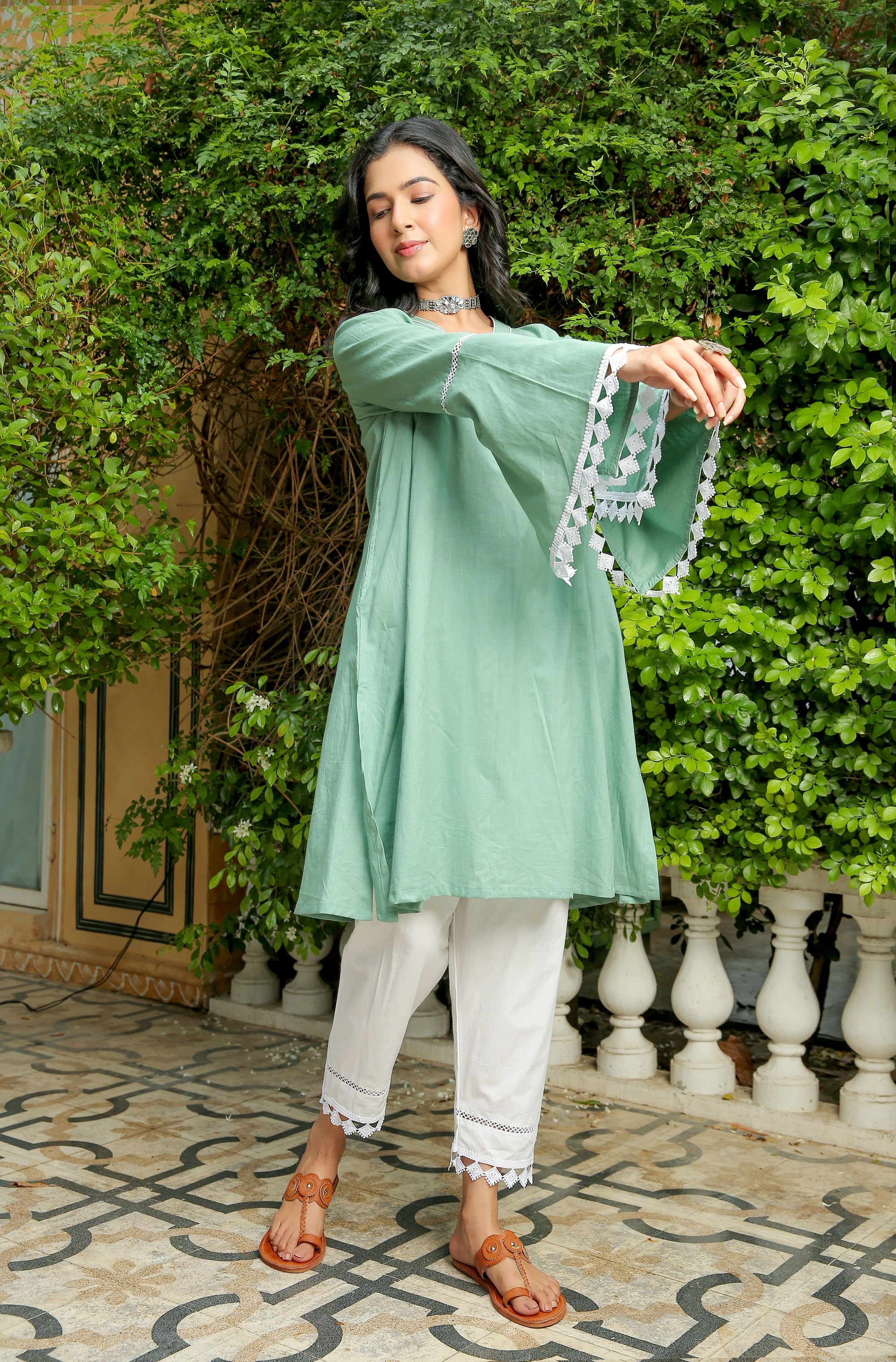 GREEN ASH KURTA WITH WHITE PANT SET