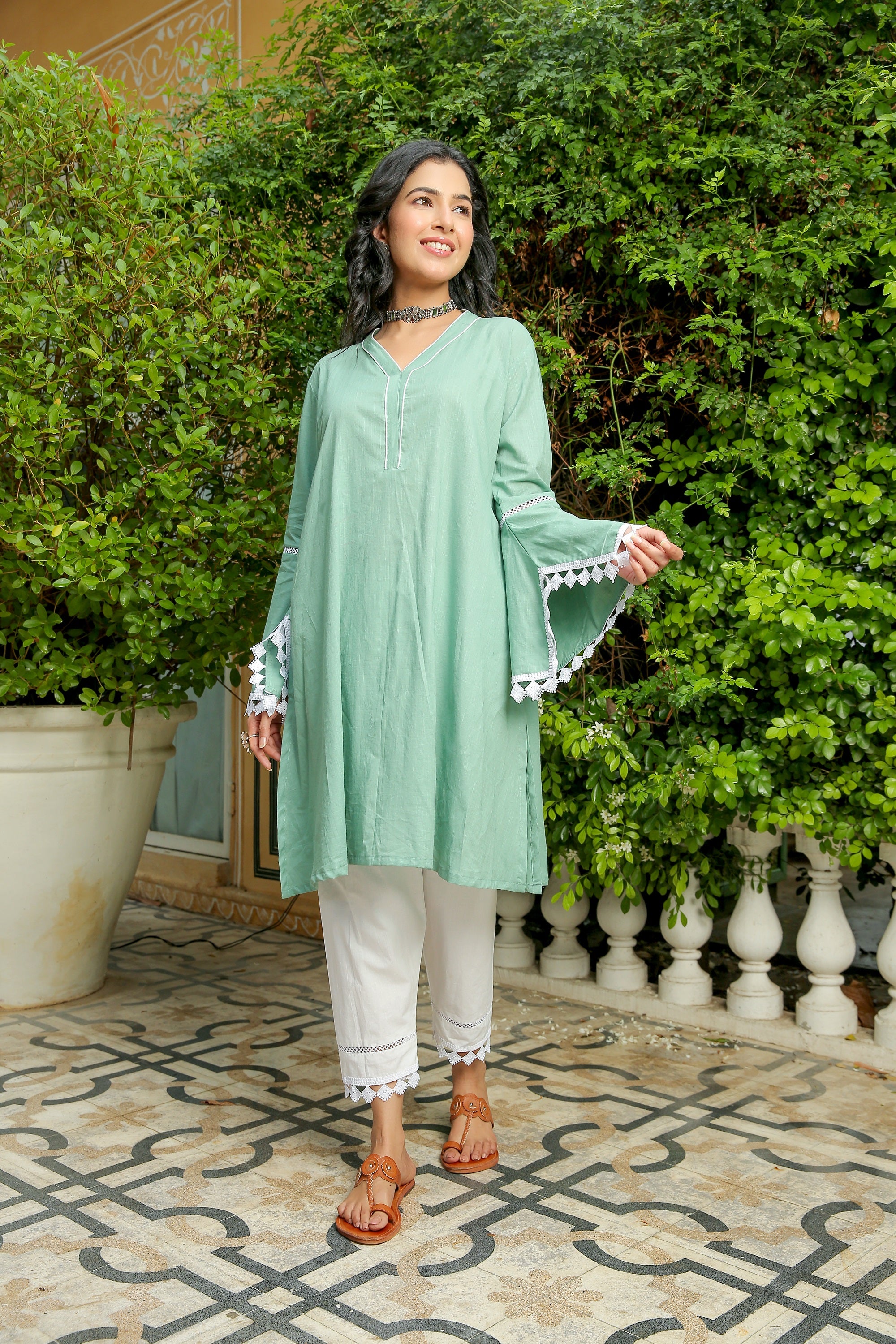 GREEN ASH KURTA WITH WHITE PANT SET
