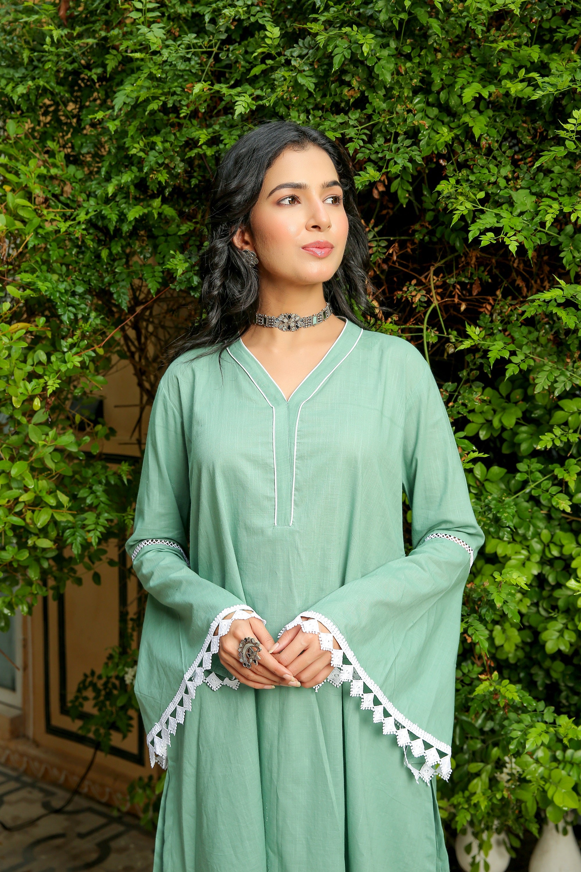 GREEN ASH KURTA WITH WHITE PANT SET