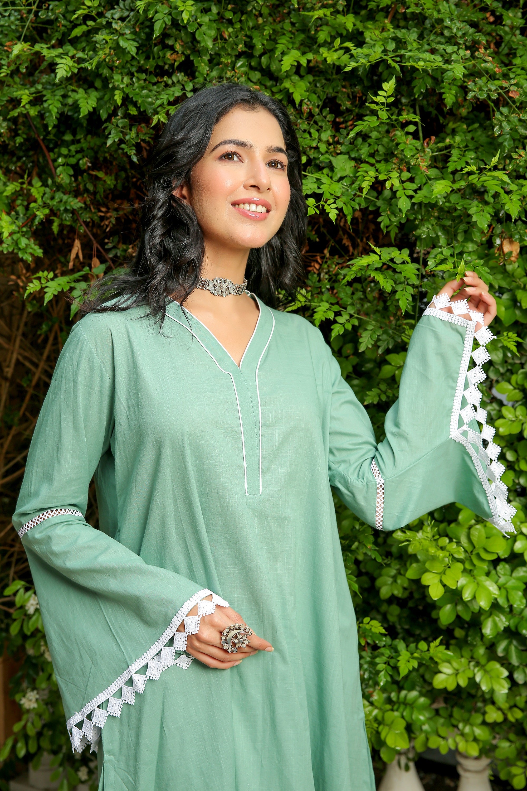 GREEN ASH KURTA WITH WHITE PANT SET