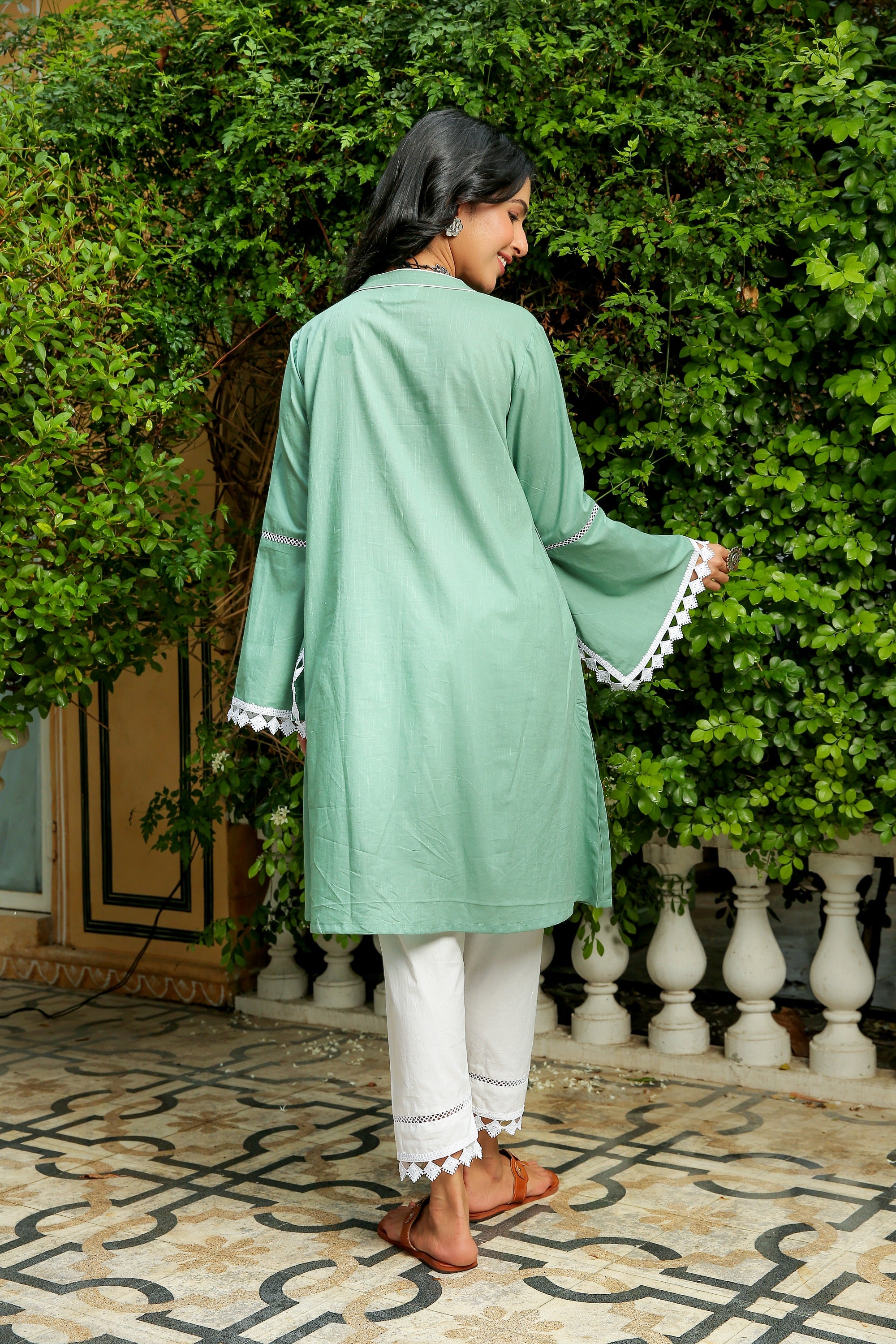 GREEN ASH KURTA WITH WHITE PANT SET