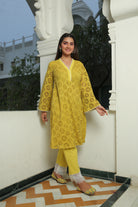 YELLOW IRIS SCHIFFLI KURTA AND PANT SET
