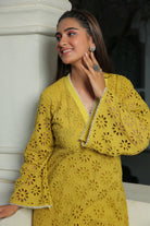 YELLOW IRIS SCHIFFLI KURTA AND PANT SET