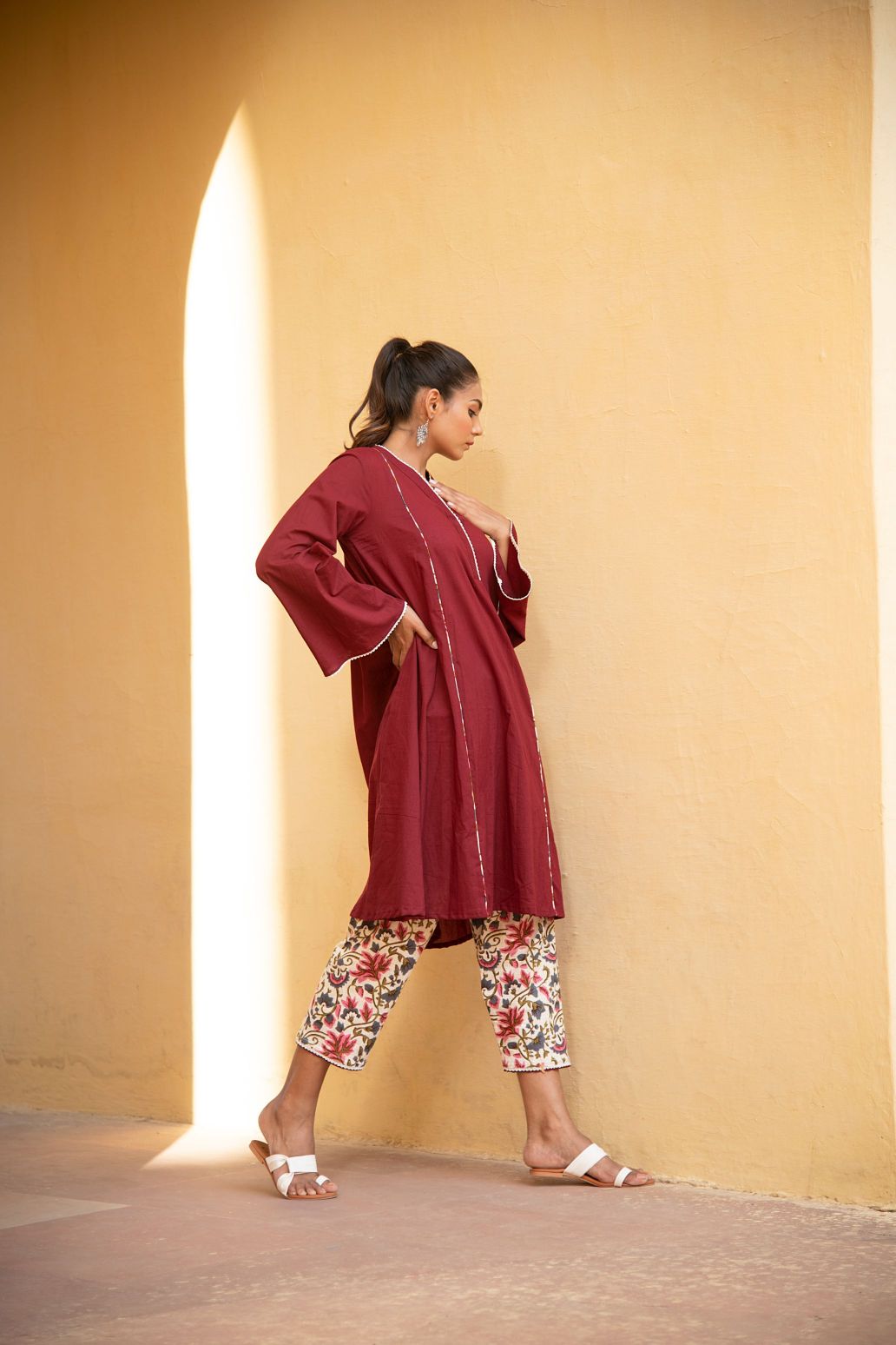 Bing Cherry Maroon V Neck Kurta In Bell Sleeves With Straight Pant