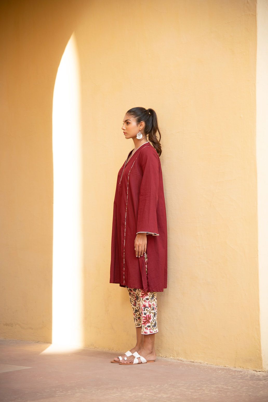 Bing Cherry Maroon V Neck Kurta In Bell Sleeves With Straight Pant